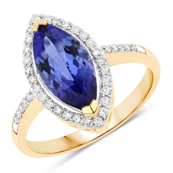 2.33 Carat Genuine Tanzanite and White Diamond 14K Yellow Gold Ring