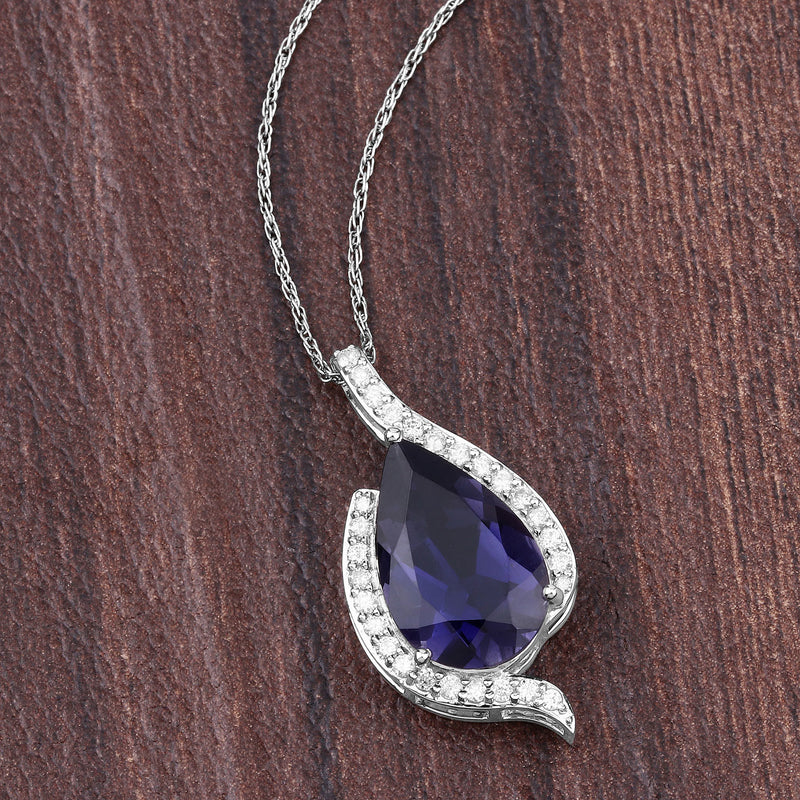 3.40 Carat Genuine Iolite and White Diamond 14K White Gold Pendant