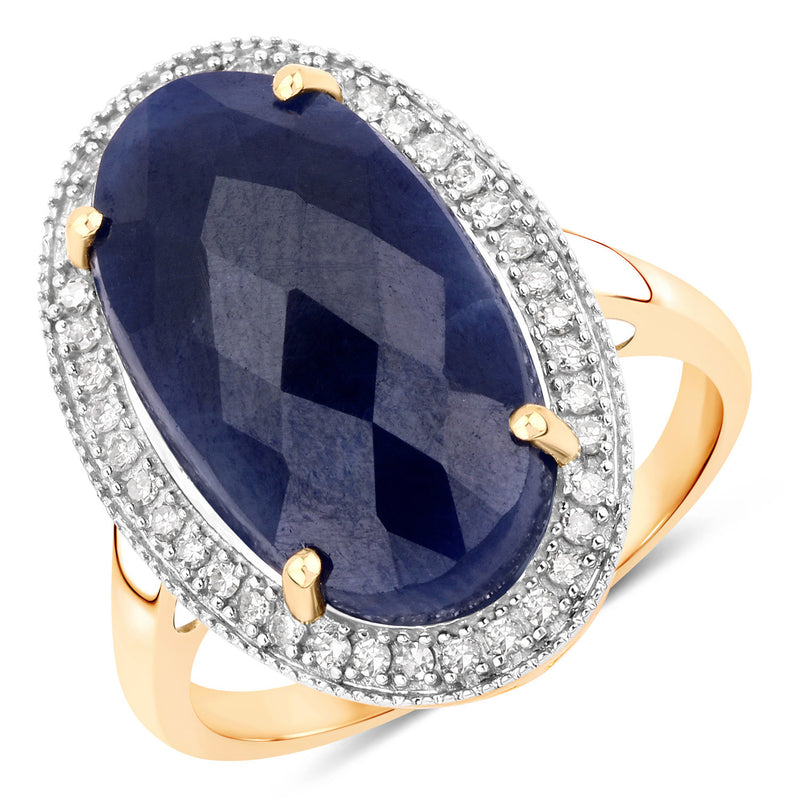 10.21 Carat Blue Sapphire and White Diamond 14K Yellow Gold Ring