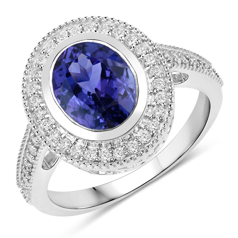 2.94 Carat Genuine Tanzanite and White Diamond 14K White Gold Ring