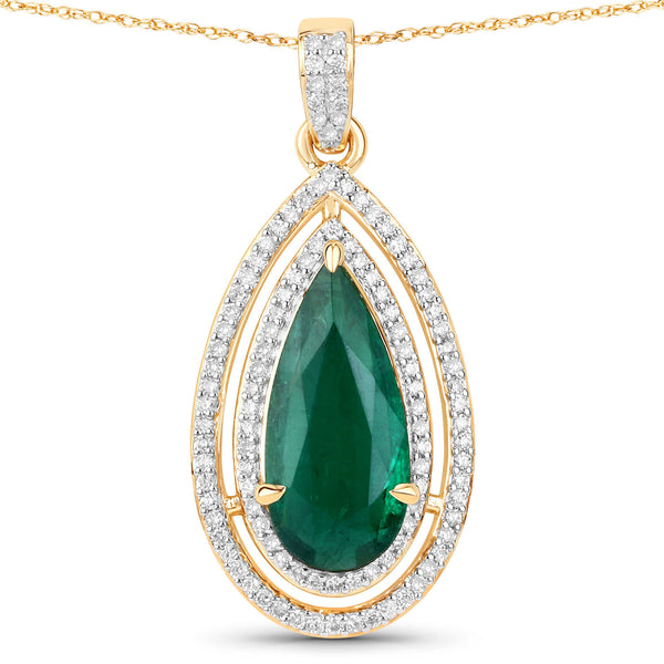 IGI Certified 2.17 Carat Genuine Zambian Emerald and White Diamond 14K Yellow Gold Pendant