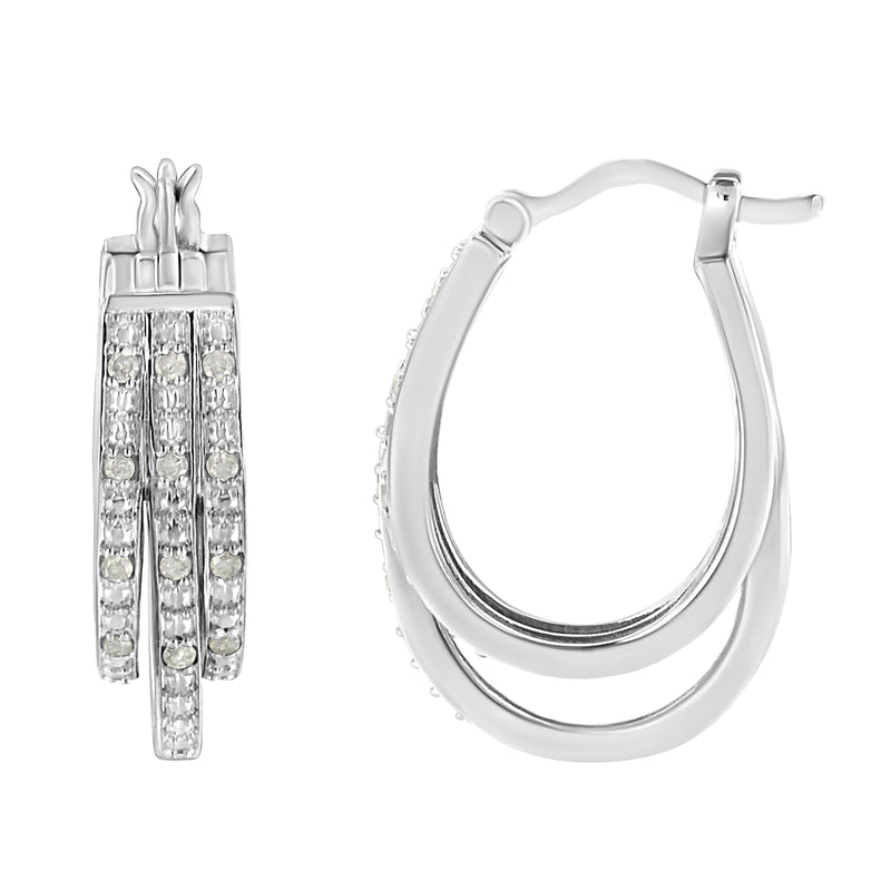 .925 Sterling Silver 1/4 Cttw Diamond and Alternating Beaded Triple Hoop Earring (I-J Color, I3 Clarity)