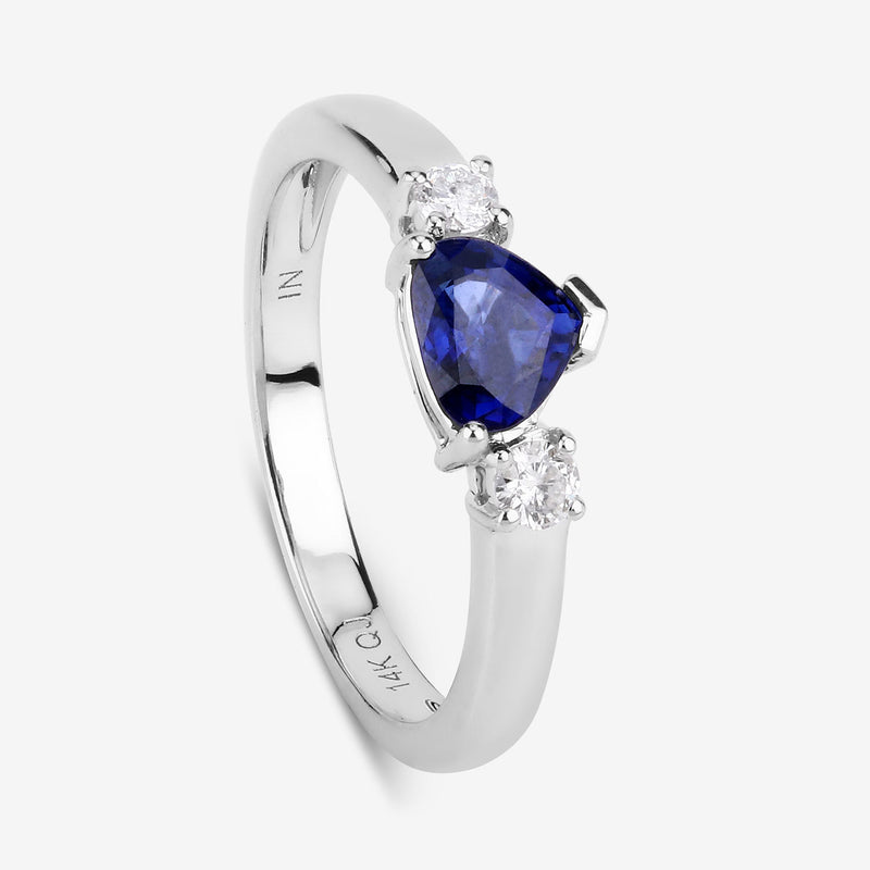 0.90 Carat Genuine Blue Sapphire and White Diamond 14K White Gold Ring