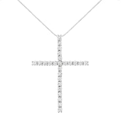 .925 Sterling Silver 3.0 Cttw Round Shape Diamond 1-1/2" Cross Pendant with Box Chain Necklace (I-J Color, I2-I3 Clarity) - 18"