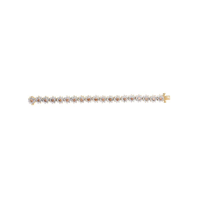 14K Yellow Gold 8.00 Cttw Champagne Diamond Floral Cluster Halo Link Bracelet (H-I Color, I1-I2 Clarity)