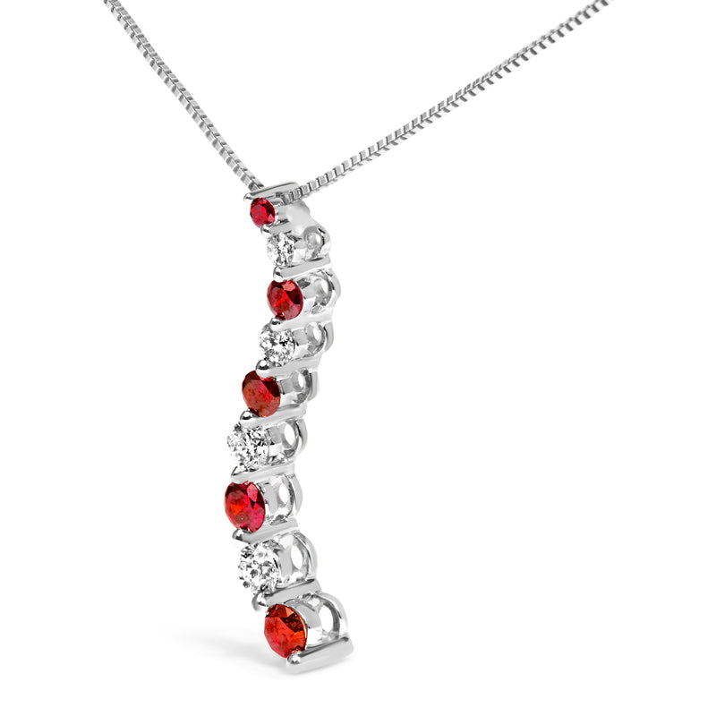 14K White Gold 1.0 Cttw Alternating Treated Red and White Diamond Journey 18" Pendant Necklace (H-I Color, I1-I2 Clarity)