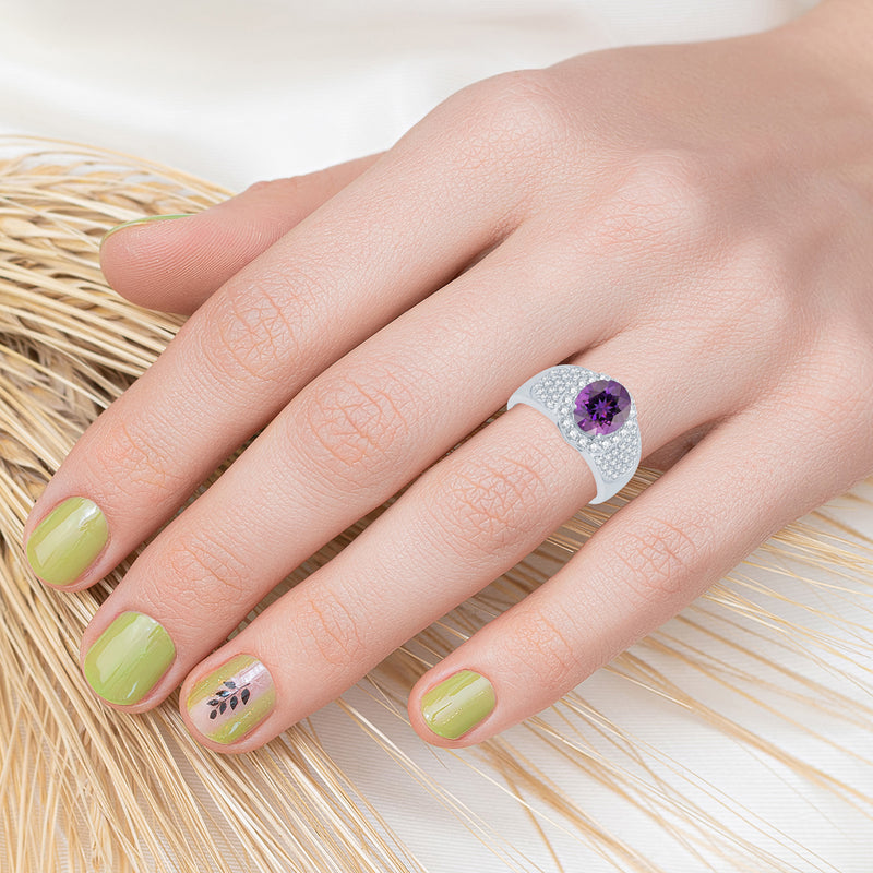 V3 Jewelry Natural Amethyst & White Topaz Sterling Silver Halo Ring