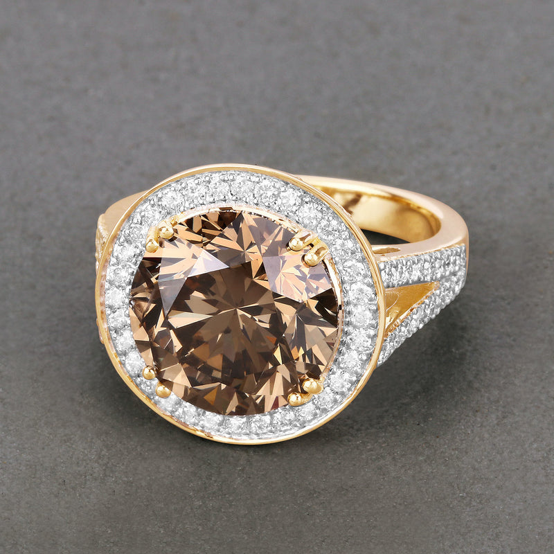 IGI Certified 7.07 Carat Genuine Brown Diamond Center and 0.64cttw White Diamond 18K Yellow Gold Ring (7.71cttw)