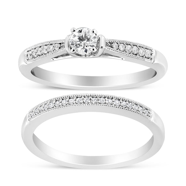 .925 Sterling Silver 1/3 Cttw Diamond Classic Engagement Ring Bridal Set with Milgrain (I-J Color, I3 Clarity) - Ring Size 7