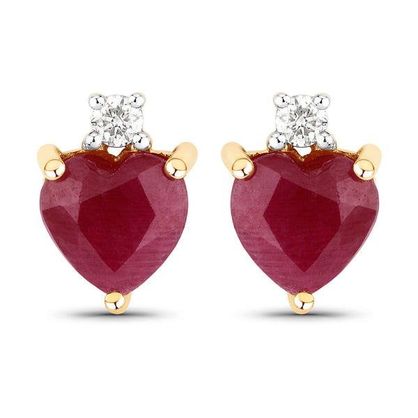 2.06 Carat Genuine Ruby and White Diamond 14K Yellow Gold Earrings