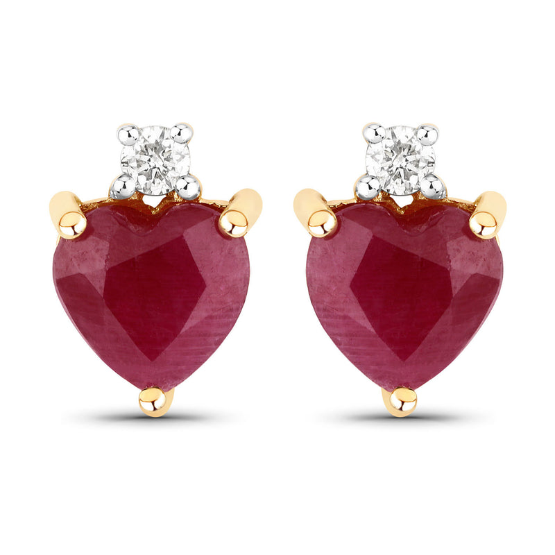 2.06 Carat Genuine Ruby and White Diamond 14K Yellow Gold Earrings