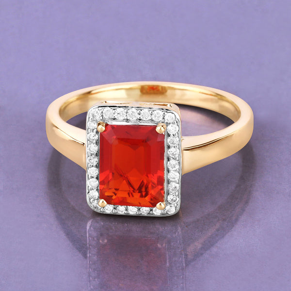 1.20 Carat Genuine Fire Opal and White Diamond 14K Yellow Gold Ring