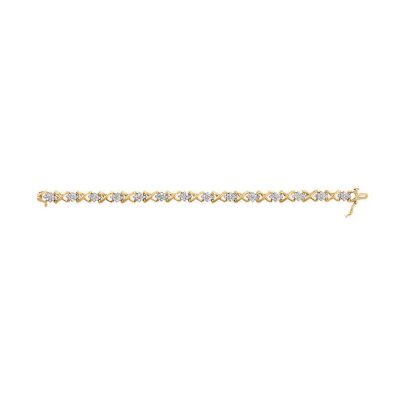 10k Yellow Gold 2.00 Cttw Diamond Cluster and Alternating "X" Link Bracelet (I-J Color, I3 Clarity) - 7"