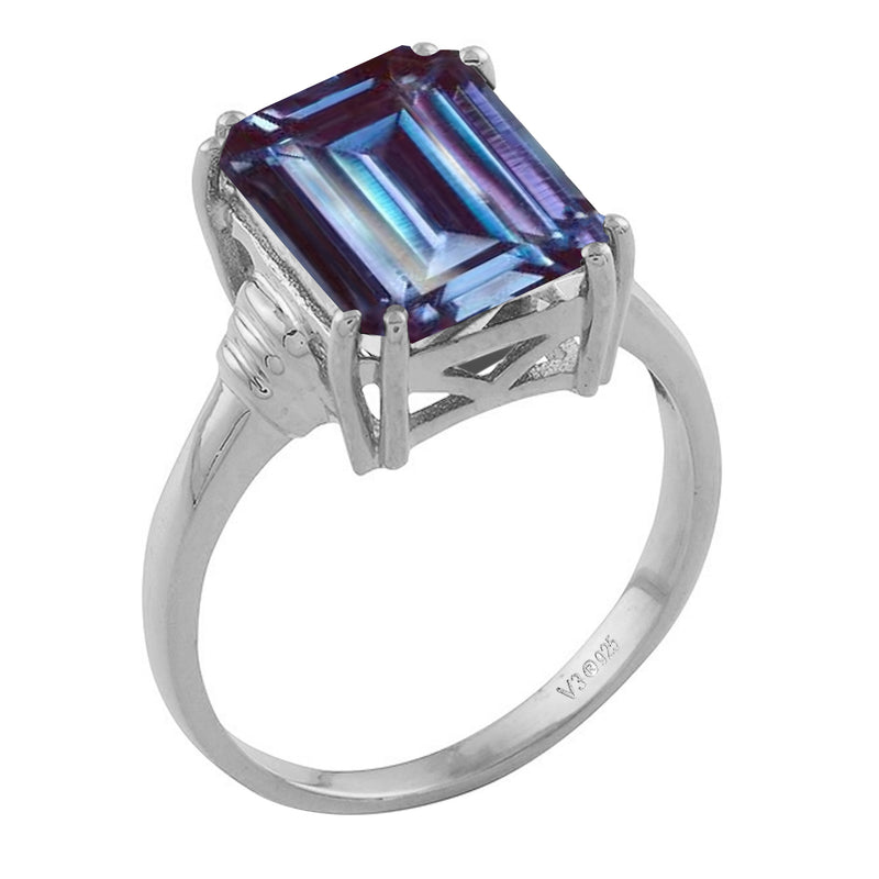 V3 Jewelry Color Changing Alexandrite Emerald Cut Sterling Silver Solitaire Ring