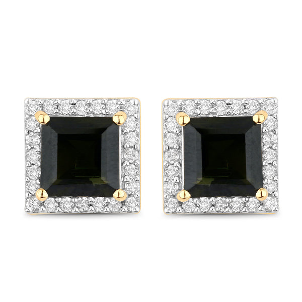 1.55 Carat Genuine Green Tourmaline and White Diamond 14K Yellow Gold Earrings