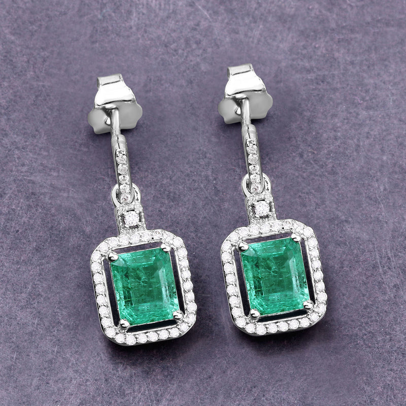 1.78 Carat Genuine Emerald and White Diamond 14K White Gold Earrings