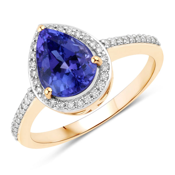 2.39 Carat Genuine Tanzanite and White Diamond 14K Yellow Gold Ring