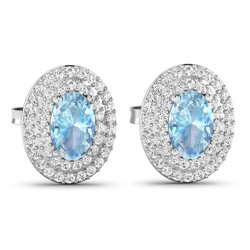 1.02 Carat Genuine Aquamarine and White Diamond 14K White Gold Earrings