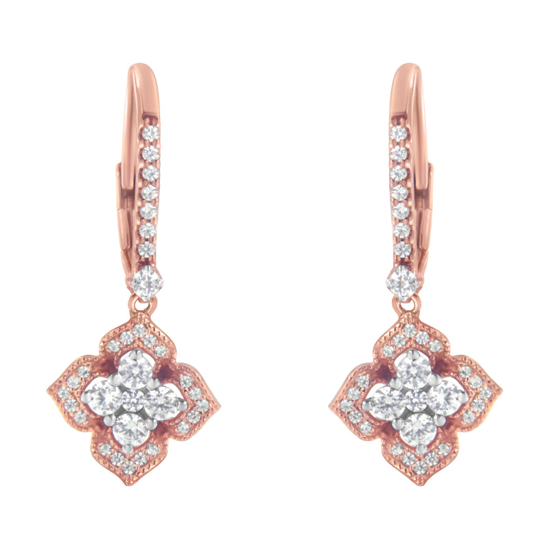 10K Rose Gold 3/4 Cttw Diamond Flower Drop Dangle Earring (I-J Color, I1-I2 Clarity)