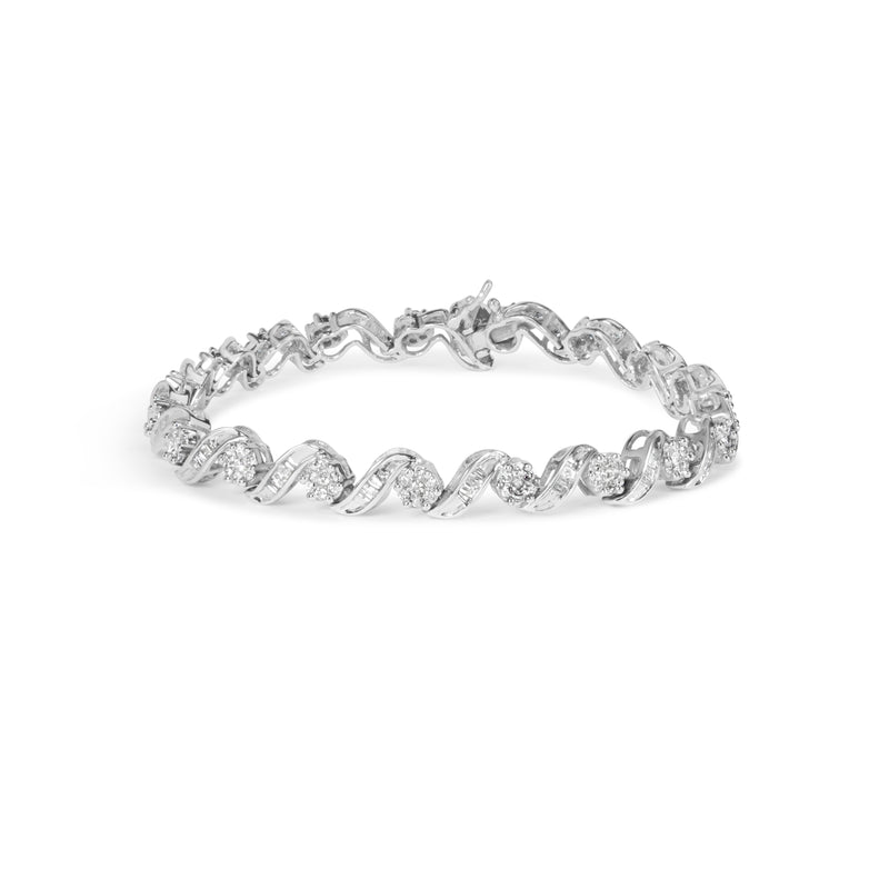 14K White Gold 2.00 Cttw Diamond Cluster and Spiral Link Bracelet (I-J Color, I1-I2 Clarity) - 7"