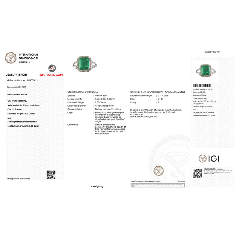 IGI Certified 3.01 Carat Genuine Zambian Emerald and White Diamond 14K White Gold Ring