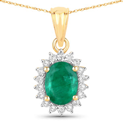 1.43 Carat Genuine Zambian Emerald and White Diamond 14K Yellow Gold Pendant