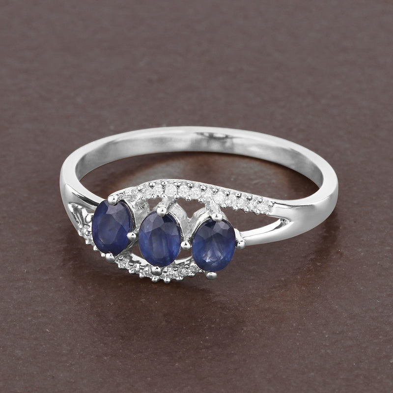 0.73 Carat Genuine Blue Sapphire and White Diamond 14K White Gold Ring