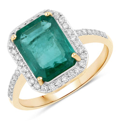 IGI Certified 3.75 Carat Genuine Zambian Emerald and White Diamond 14K Yellow Gold Ring