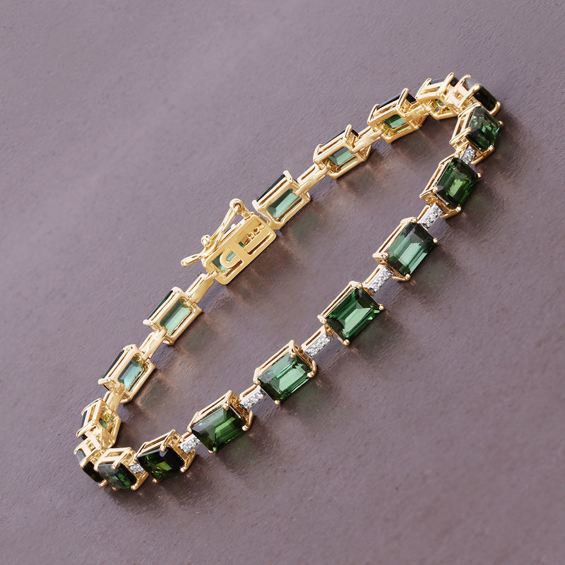 11.14 Carat Genuine Green Tourmaline and White Diamond 14K Yellow Gold Bracelet