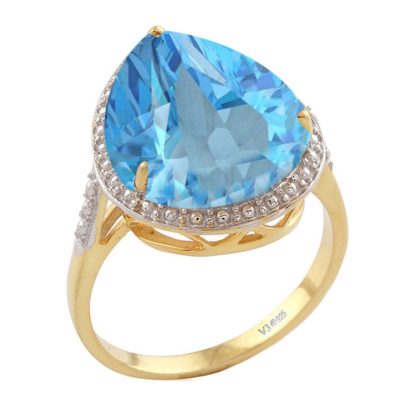 V3 Jewelry 9.50CT Natural Sky Blue Topaz 18k Gold-Plated Teardrop Solitaire Ring