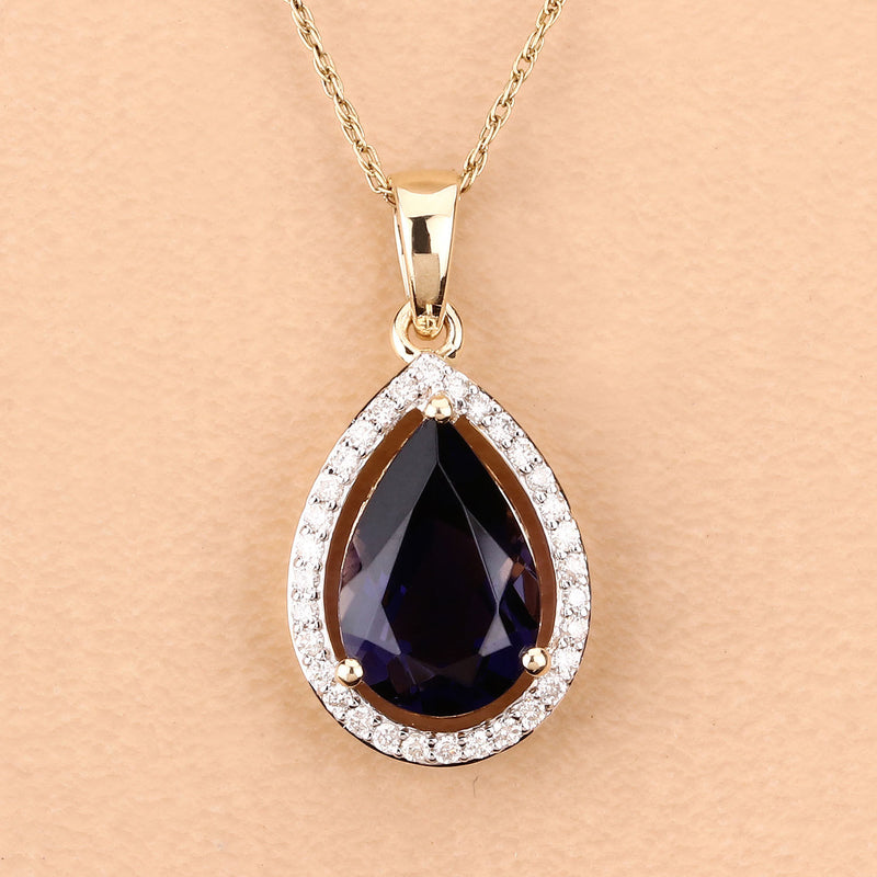 2.28 Carat Genuine Iolite and White Diamond 14K Yellow Gold Pendant