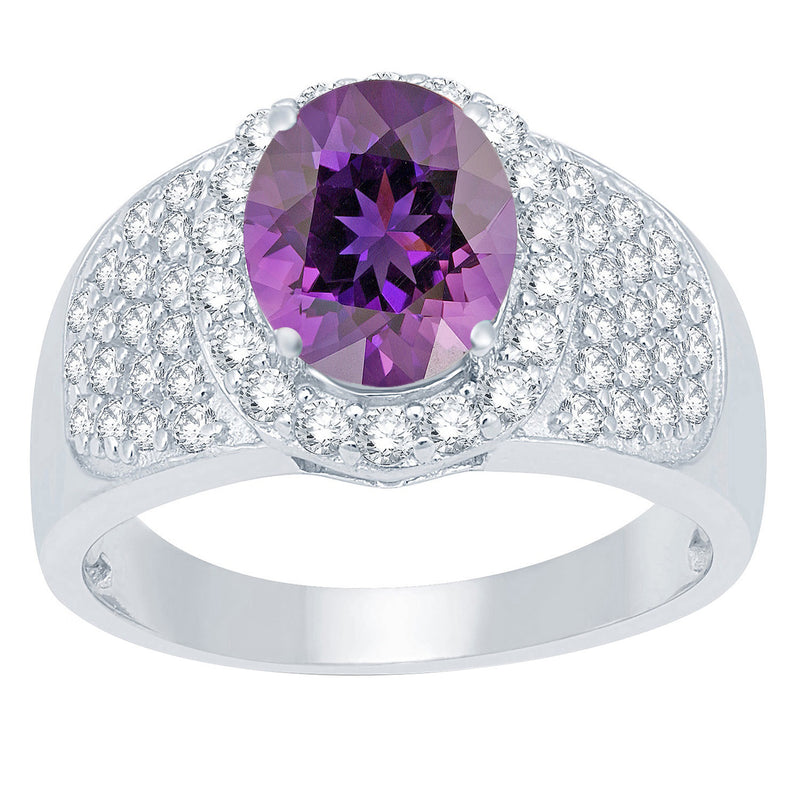 V3 Jewelry Natural Amethyst & White Topaz Sterling Silver Halo Ring