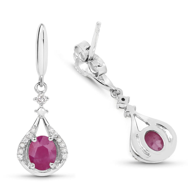 0.70 Carat Genuine Ruby and White Diamond 14K White Gold Earrings