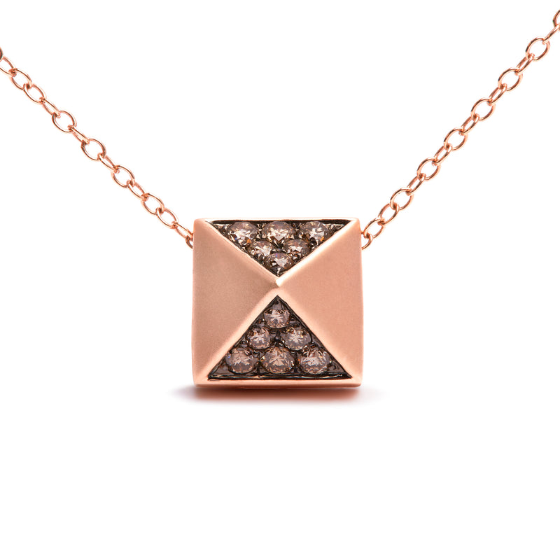 14K Rose Gold 1/4 Cttw Brown Diamond Matte Finished Pyramid Pendant Necklace (Brown Color, SI1-SI2 Clarity) - 18" Inches