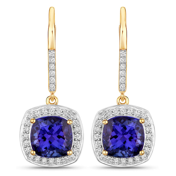 6.10 Carat Genuine Tanzanite and White Diamond 14K Yellow Gold Earrings