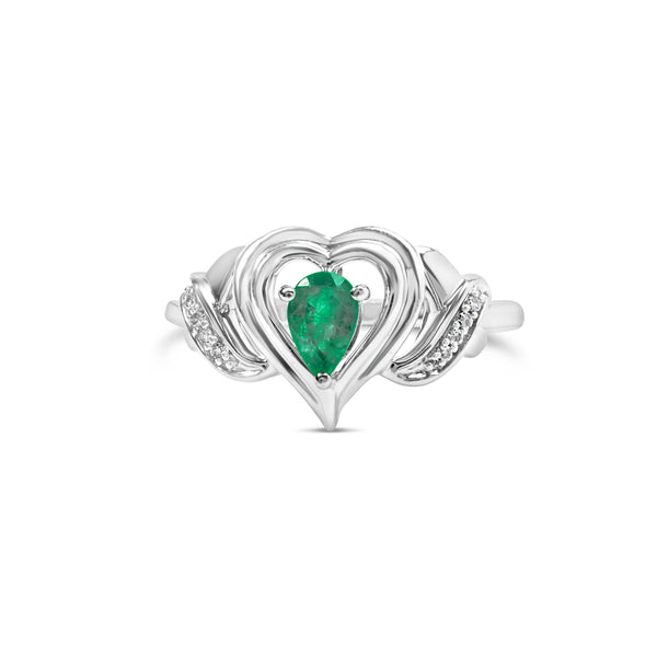 .925 Sterling Silver 6x4mm Pear Emerald Gemstone with Diamond Accent Heart Promise Ring (H-I Color, SI1-SI2 Clarity) - Size 7