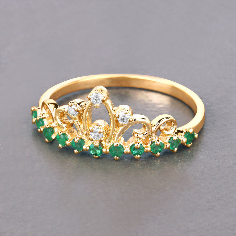 0.28 Carat Genuine Zambian Emerald and White Diamond 14K Yellow Gold Ring