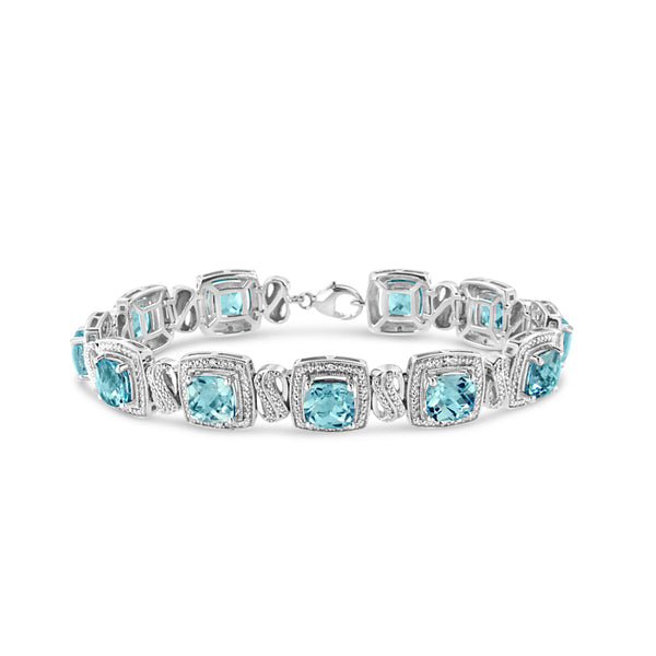 .925 Sterling Silver 7x7 mm Cushion Cut Blue Topaz and 1/10 Ctw Single Cut Diamond Square Shape Tennis Bracelet (I-J Color, I1-I2 Clarity) - 7"