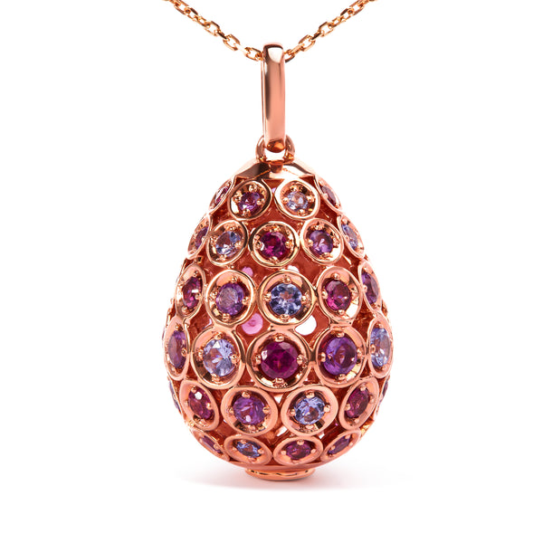 10K Rose Gold Plated .925 Sterling Silver Rainbow Colored Gemstone Egg Shaped Drop Pendant Necklace - 18 inch