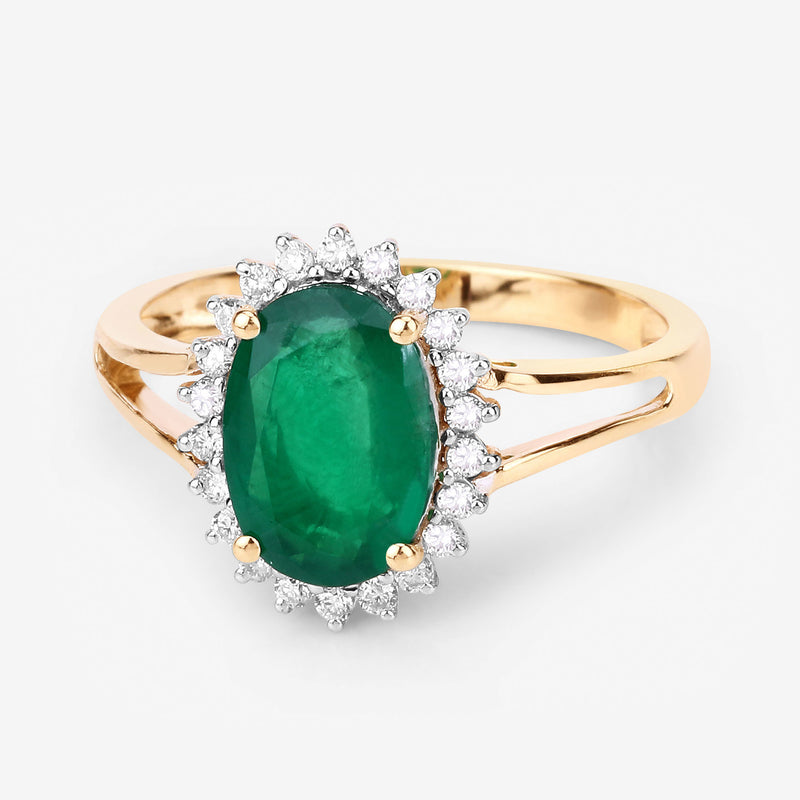 1.79 Carat Genuine Zambian Emerald and White Diamond 14K Yellow Gold Ring