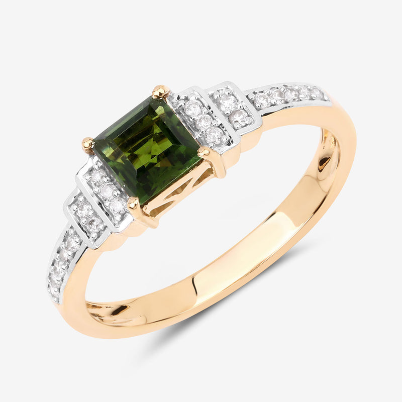 0.72 Carat Genuine Green Tourmaline and White Diamond 14K Yellow Gold Ring