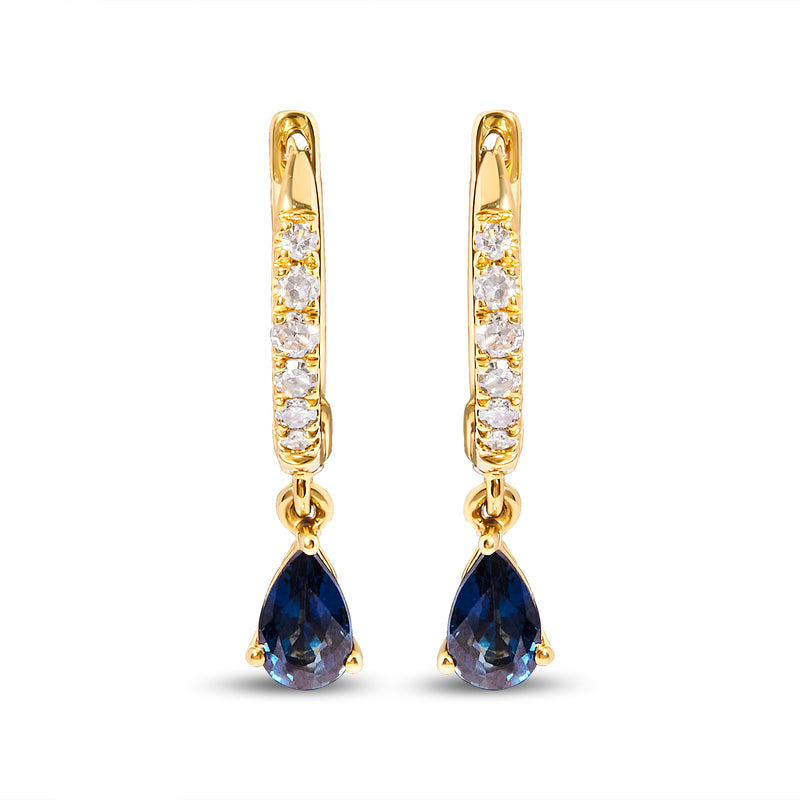 10K Yellow Gold Pear Blue Sapphire and 1/10 Cttw Diamond Drop and Dangle Huggy Hoop Earrings (H-I Color, I1-I2 Clarity)