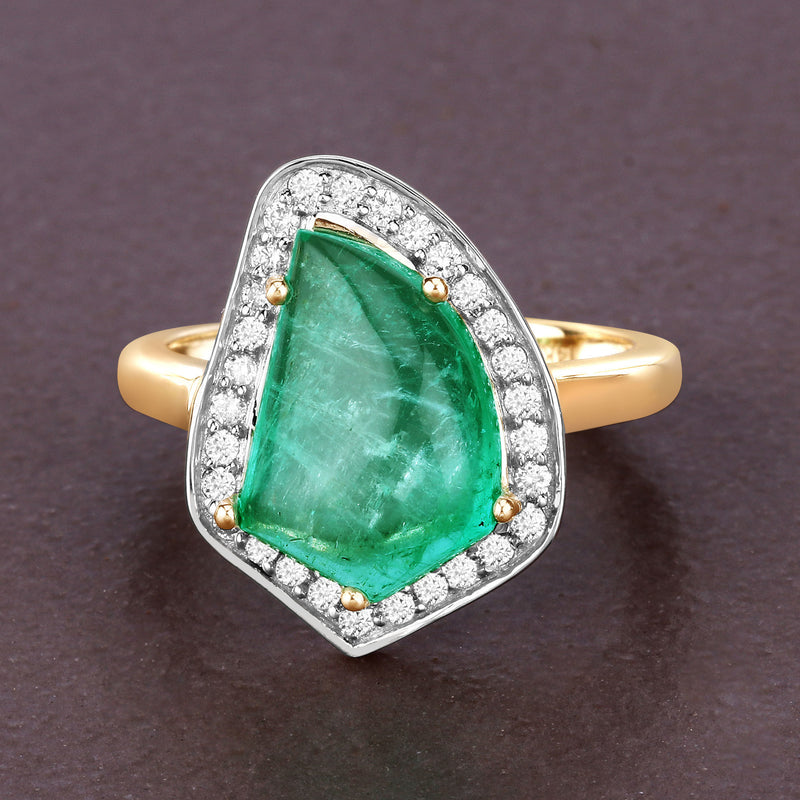 5.52 Carat Genuine Zambian Emerald and White Diamond 14K Yellow Gold Ring