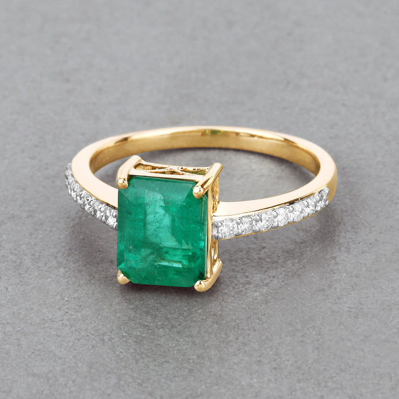 IGI Certified 2.21 Carat Genuine Zambian Emerald and White Diamond 14K Yellow Gold Ring