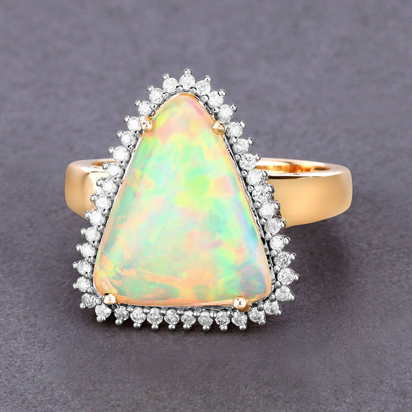 2.84 Carat Genuine Ethiopian Opal and White Diamond 14K Yellow Gold Ring