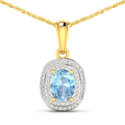 1.35 Carat Genuine Aquamarine and White Diamond 14K Yellow Gold Pendant