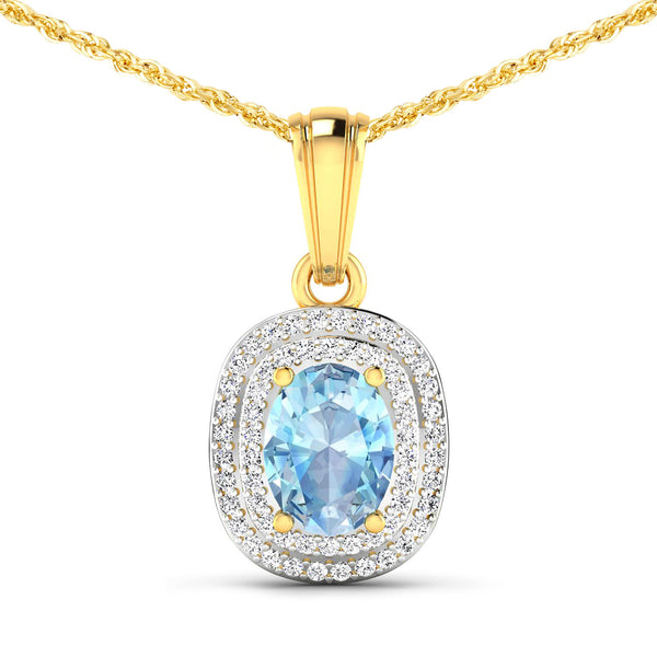 1.35 Carat Genuine Aquamarine and White Diamond 14K Yellow Gold Pendant