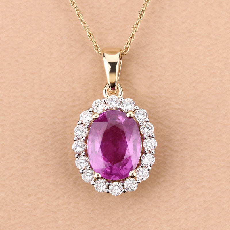 3.71 Carat Genuine Pink Sapphire and White Diamond 14K Yellow Gold Pendant