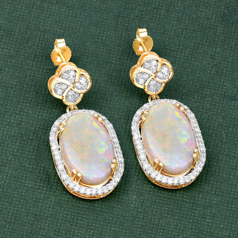 7.37 Carat Genuine White Opal and White Diamond 14K Yellow Gold Earrings