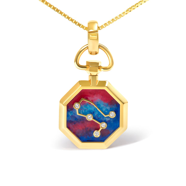 18K Yellow Gold Diamond Gemini Constellation with Red and Blue Enamel 18" Inch Pendant Necklace (H-I Color, SI2-I1 Clarity)